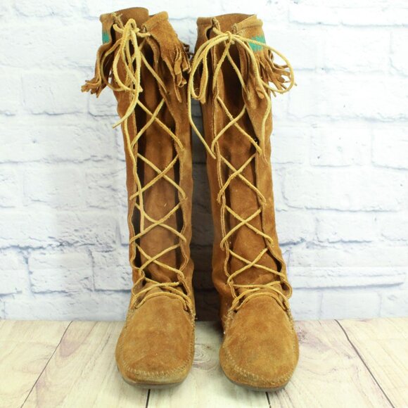 *Minnetonka Suede Knee High Lace Up Moccasins Festival Fringe Size 11 Inches - Picture 4 of 9
